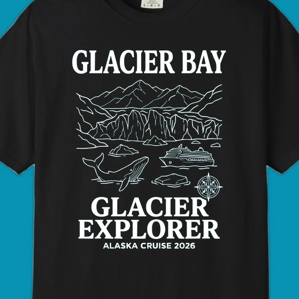 Line-art illustration of Glacier Bay with glaciers, mountains, whales, cruise ship, icebergs, and compass rose for Alaska cruise explorer apparel