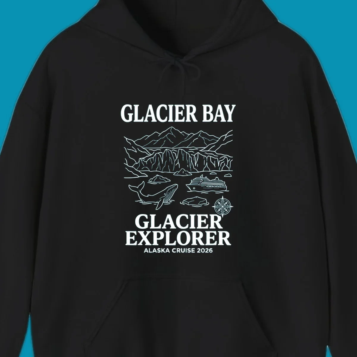 Line-art illustration of Glacier Bay with glaciers, mountains, whales, cruise ship, icebergs, and compass rose for Alaska cruise explorer apparel