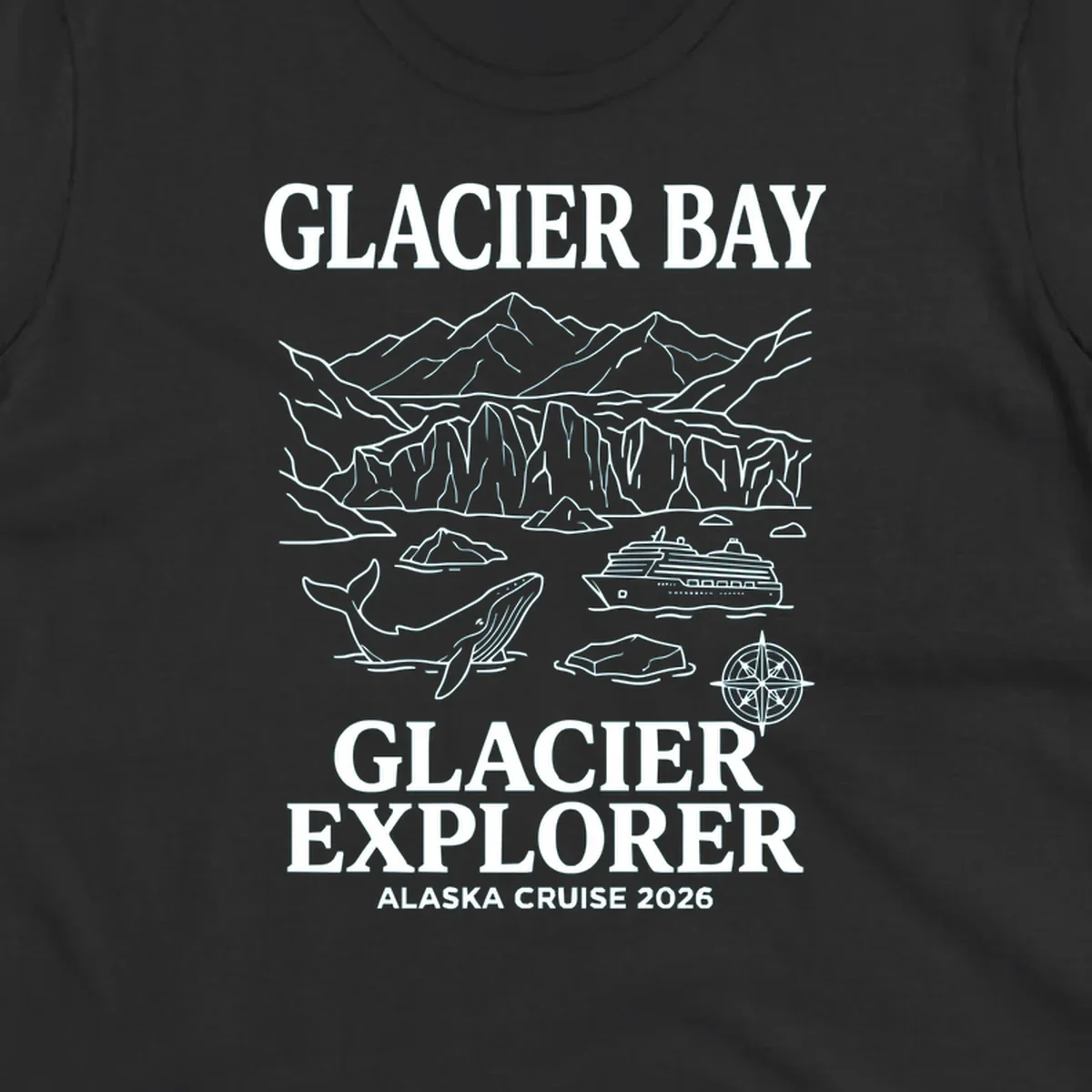 Line-art illustration of Glacier Bay with glaciers, mountains, whales, cruise ship, icebergs, and compass rose for Alaska cruise explorer apparel