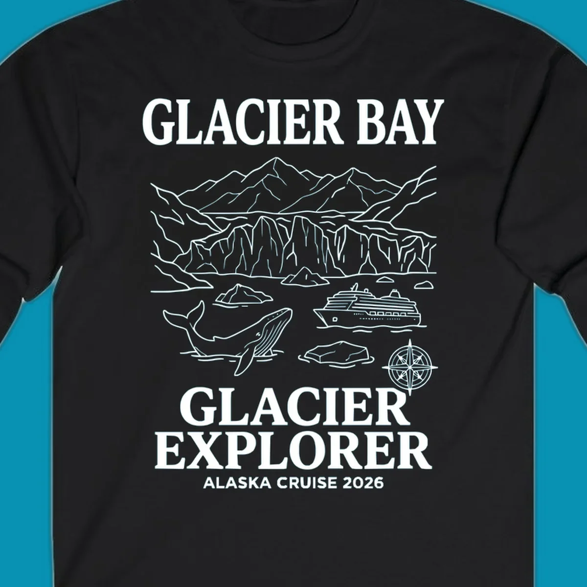 Line-art illustration of Glacier Bay with glaciers, mountains, whales, cruise ship, icebergs, and compass rose for Alaska cruise explorer apparel