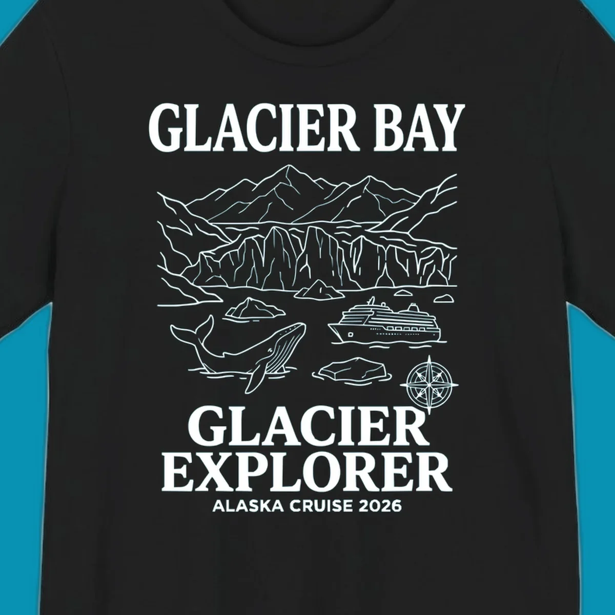Line-art illustration of Glacier Bay with glaciers, mountains, whales, cruise ship, icebergs, and compass rose for Alaska cruise explorer apparel