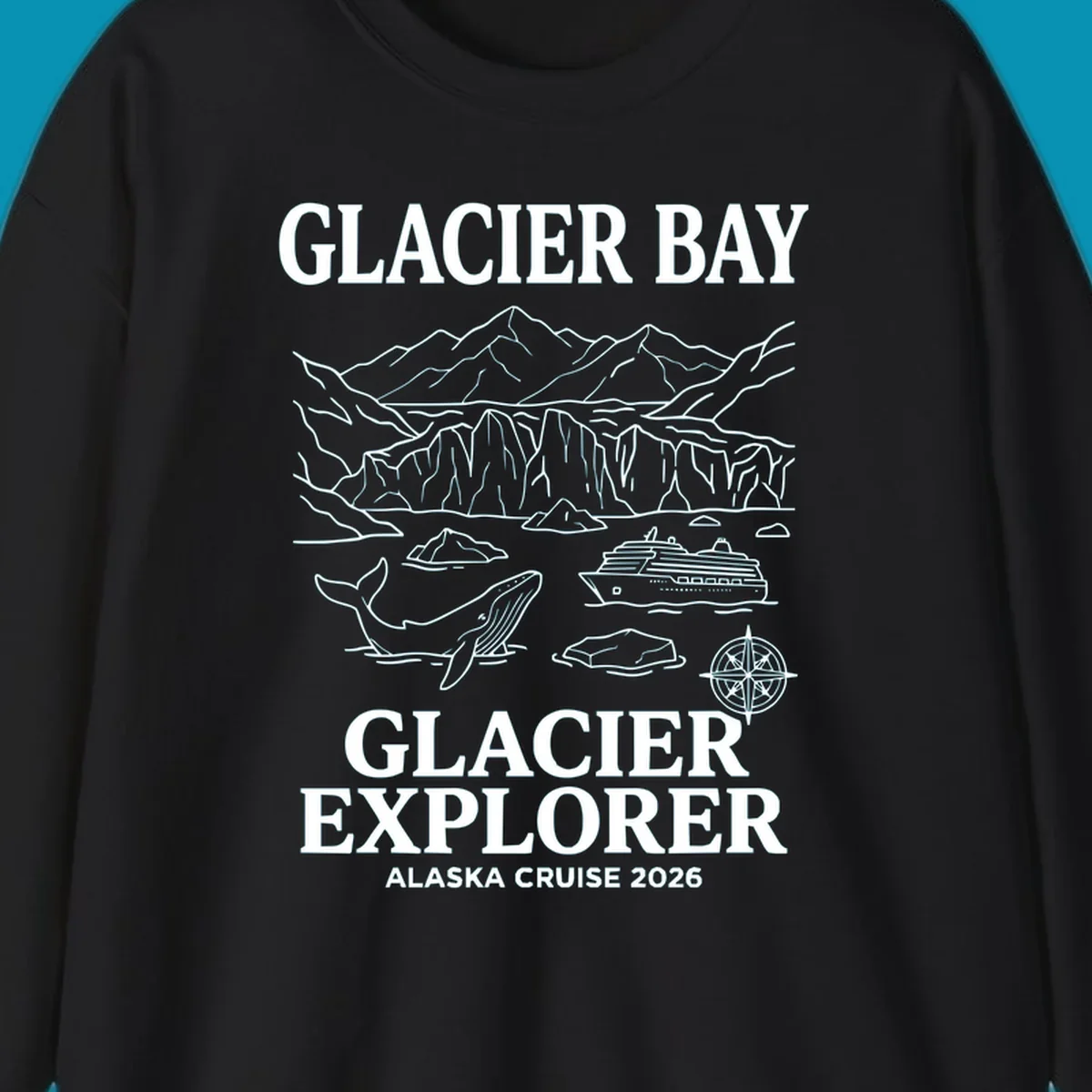 Line-art illustration of Glacier Bay with glaciers, mountains, whales, cruise ship, icebergs, and compass rose for Alaska cruise explorer apparel