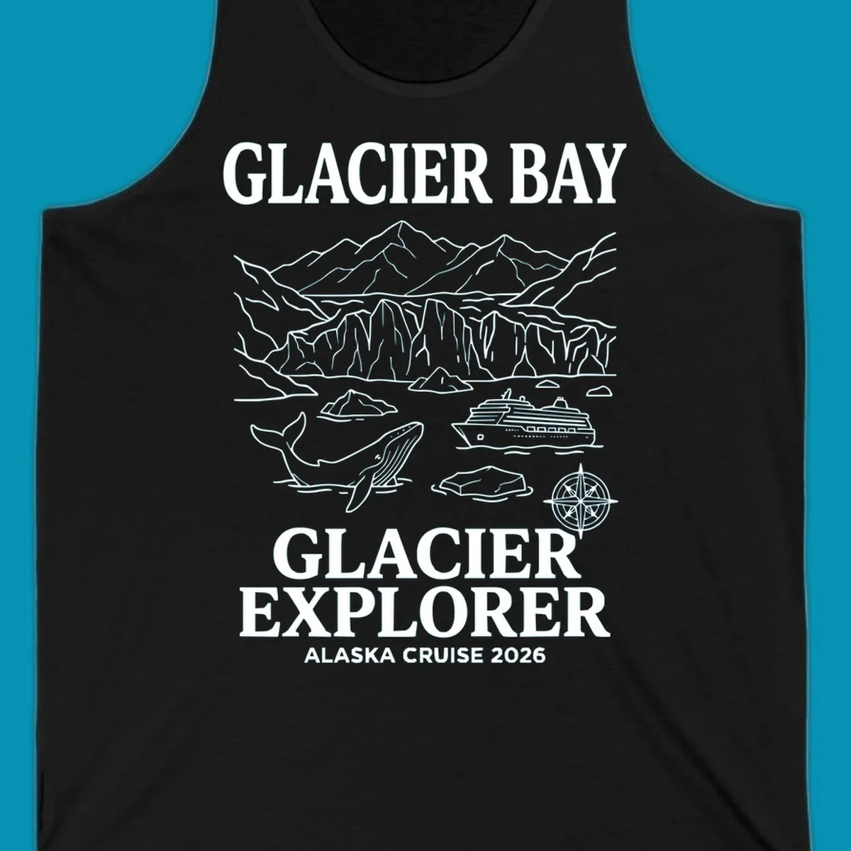 Line-art illustration of Glacier Bay with glaciers, mountains, whales, cruise ship, icebergs, and compass rose for Alaska cruise explorer apparel