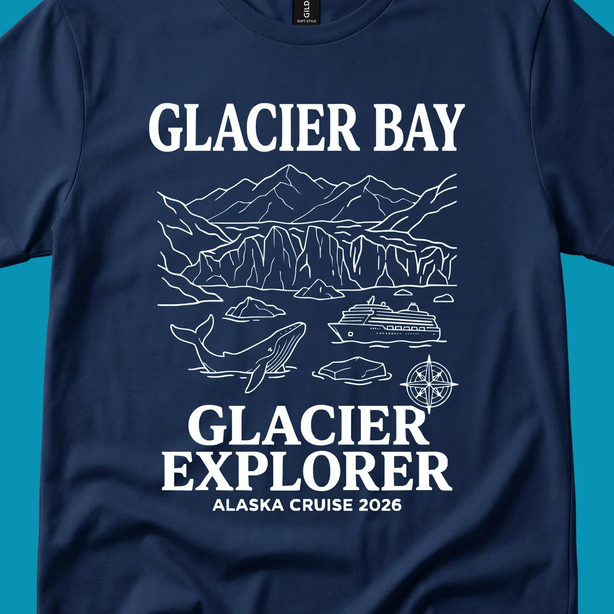 Line-art illustration of Glacier Bay with glaciers, mountains, whales, cruise ship, icebergs, and compass rose for Alaska cruise explorer apparel