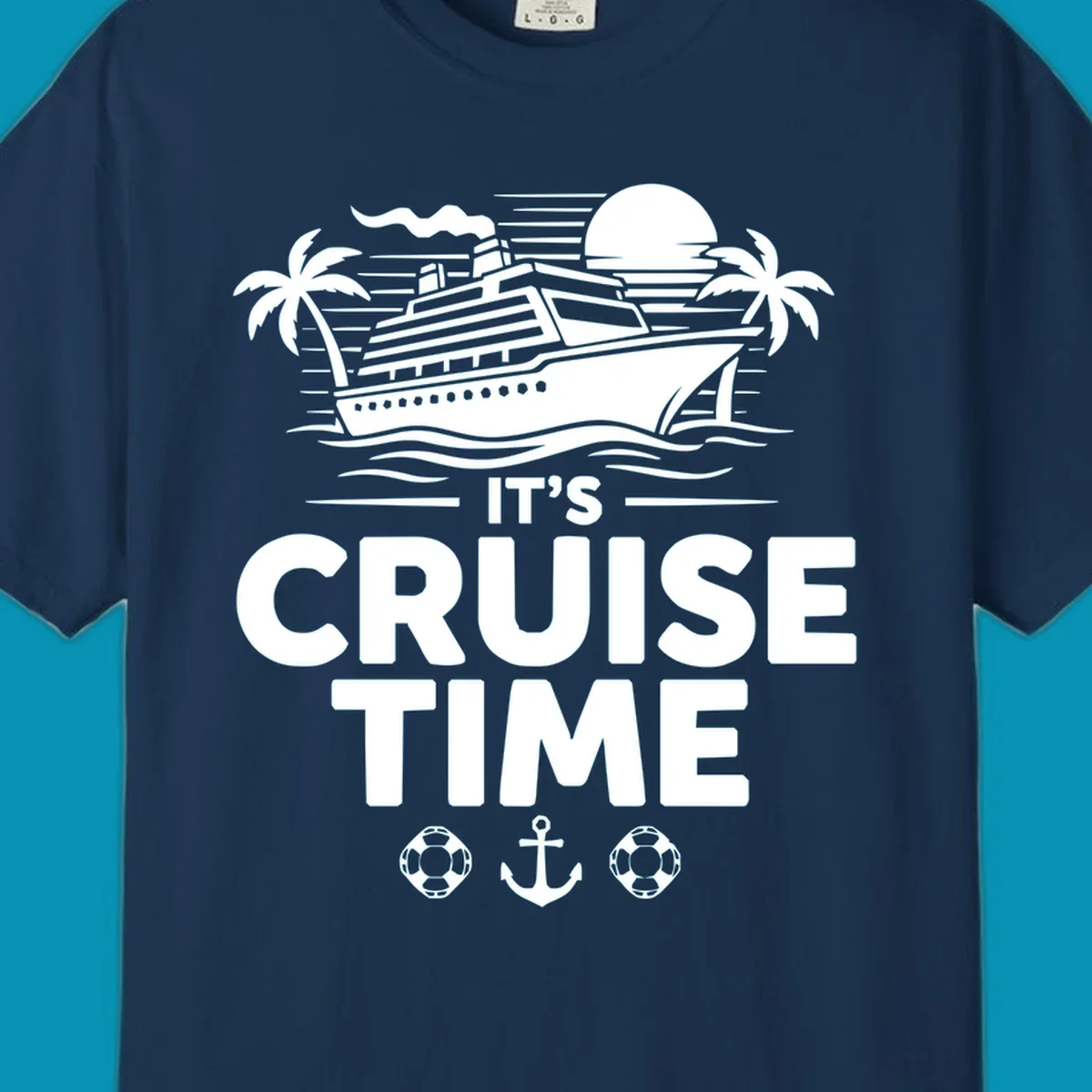 White illustration of cruise ship with palm trees, moon, and ocean waves. Text reads 'IT'S CRUISE TIME' with life preservers and anchor below.
