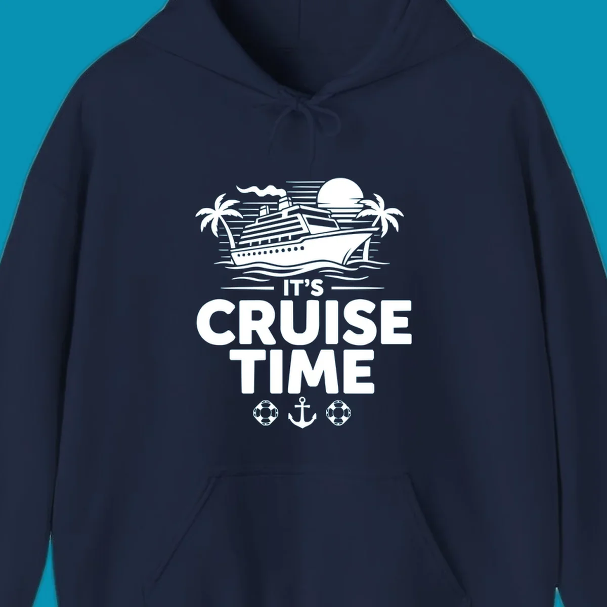 White illustration of cruise ship with palm trees, moon, and ocean waves. Text reads 'IT'S CRUISE TIME' with life preservers and anchor below.