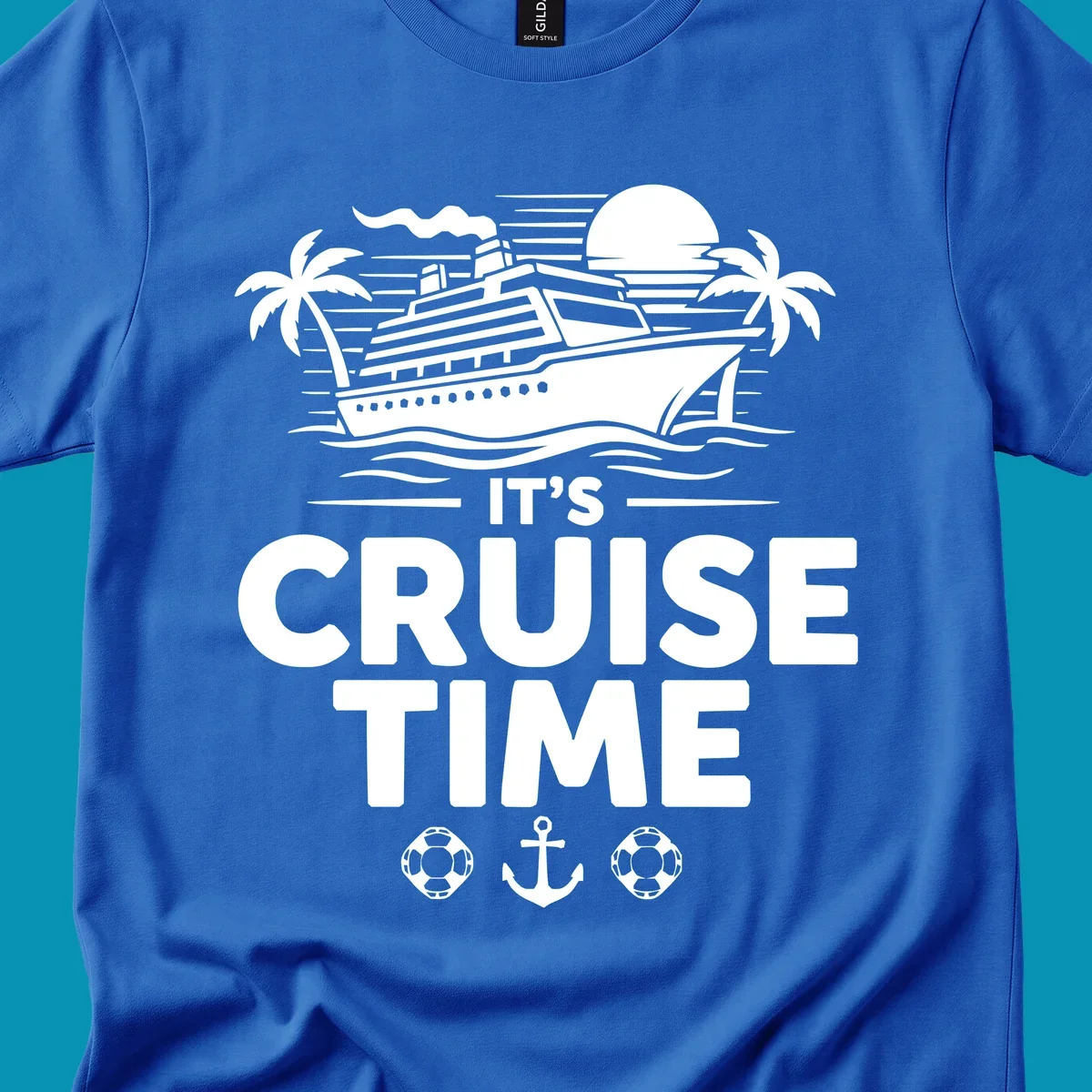 White illustration of cruise ship with palm trees, moon, and ocean waves. Text reads 'IT'S CRUISE TIME' with life preservers and anchor below.