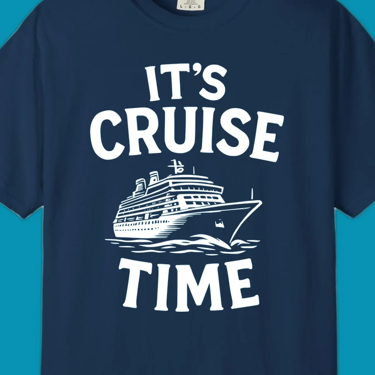 White text reading 'It's Cruise Time' with a detailed line-art cruise ship illustration sailing through ocean waves on gray background