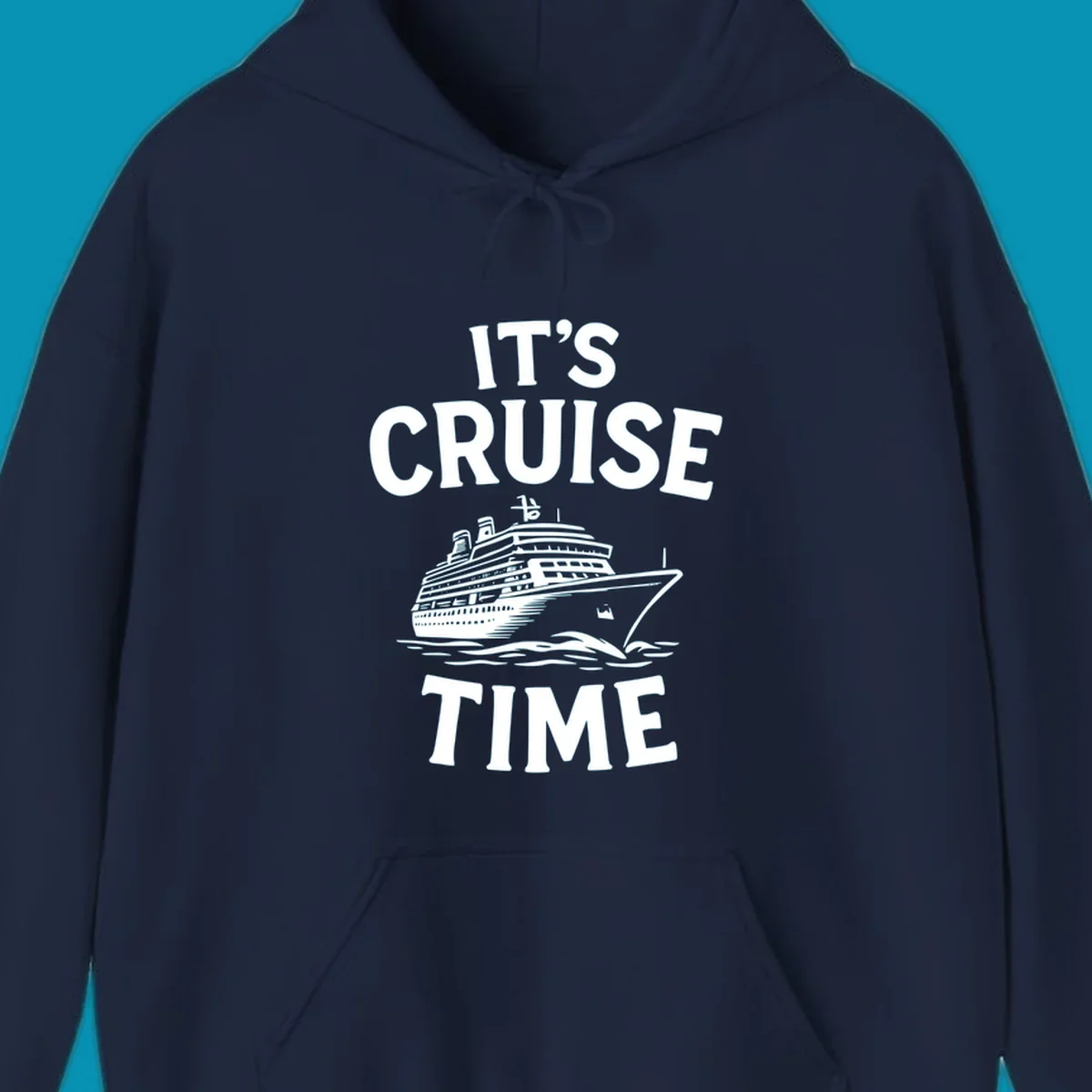 White text reading 'It's Cruise Time' with a detailed line-art cruise ship illustration sailing through ocean waves on gray background