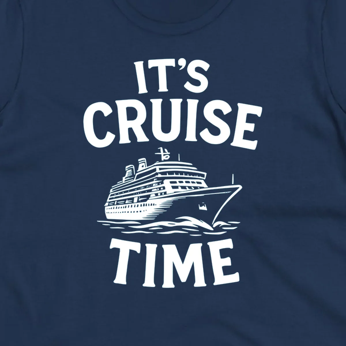 White text reading 'It's Cruise Time' with a detailed line-art cruise ship illustration sailing through ocean waves on gray background