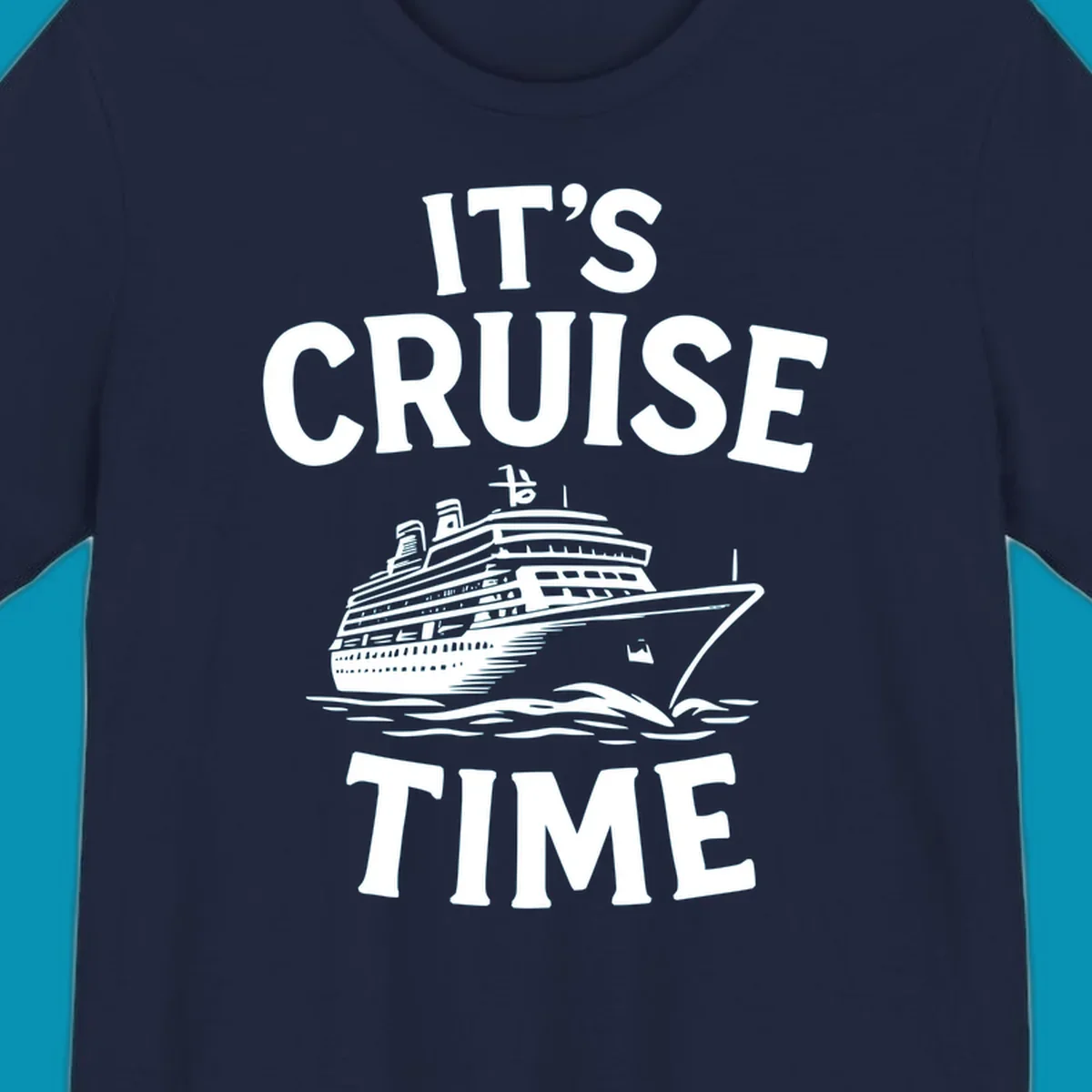 White text reading 'It's Cruise Time' with a detailed line-art cruise ship illustration sailing through ocean waves on gray background