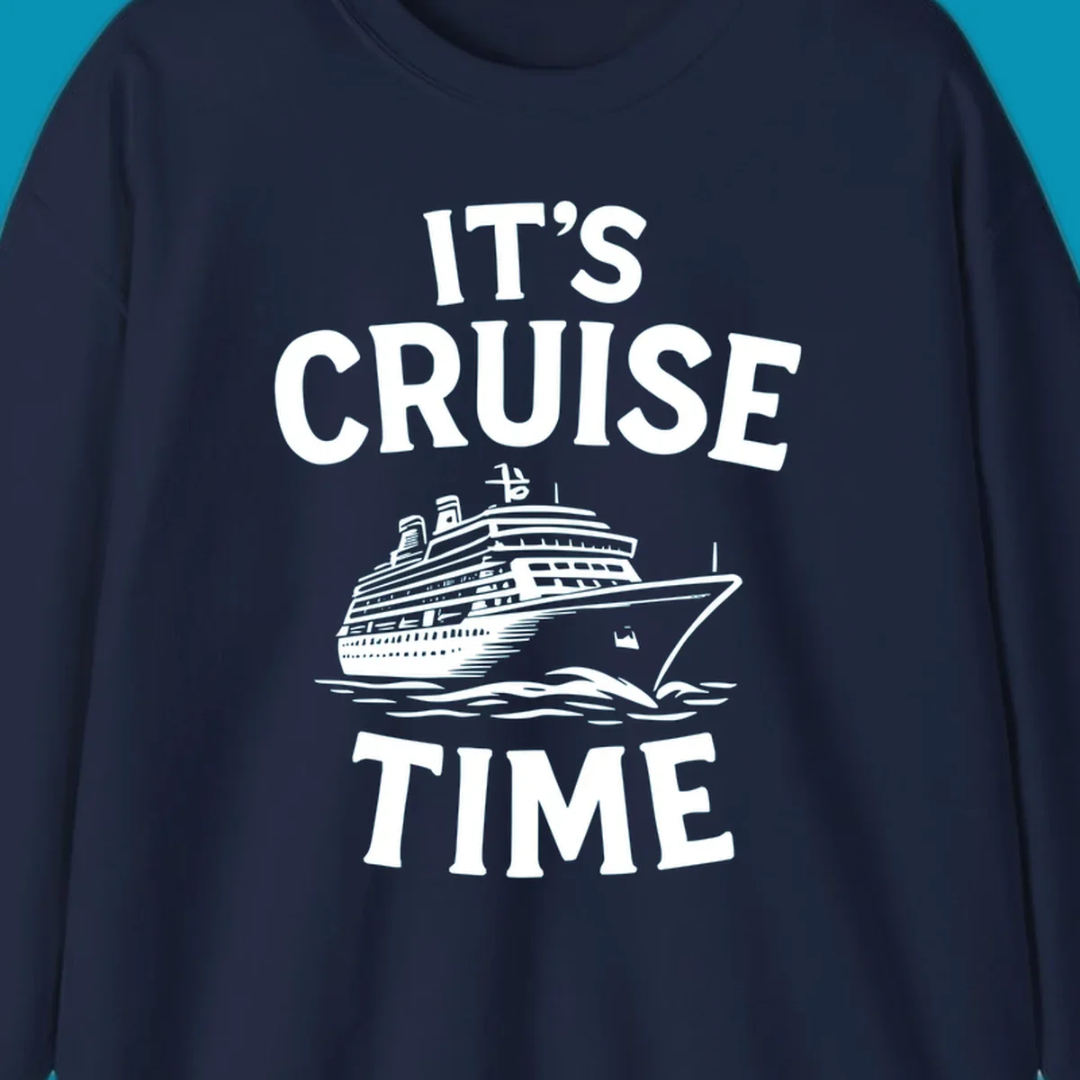 White text reading 'It's Cruise Time' with a detailed line-art cruise ship illustration sailing through ocean waves on gray background