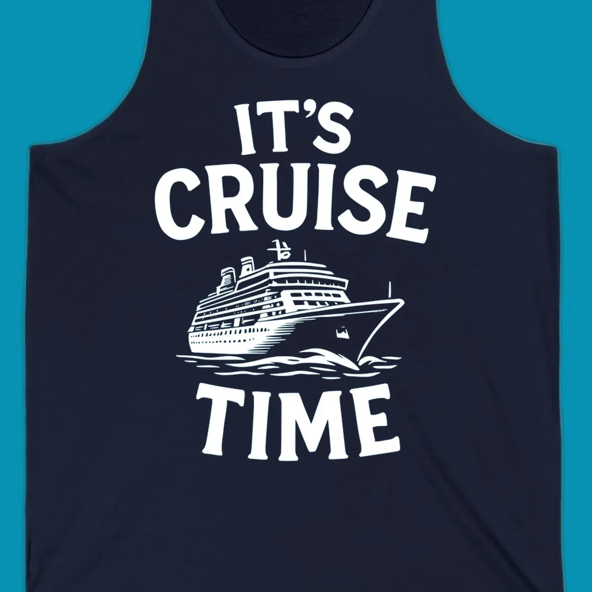 White text reading 'It's Cruise Time' with a detailed line-art cruise ship illustration sailing through ocean waves on gray background