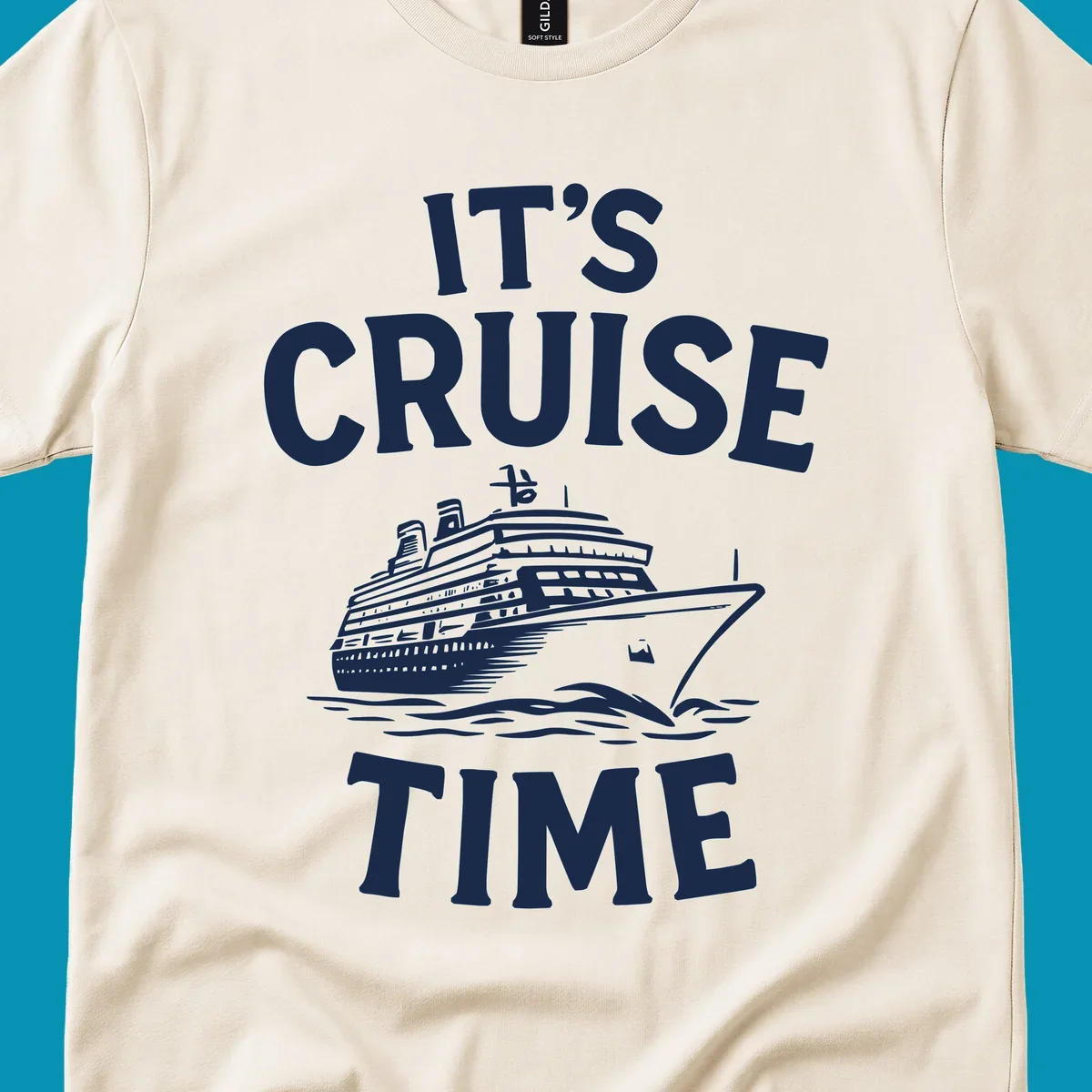 White text reading 'It's Cruise Time' with a detailed line-art cruise ship illustration sailing through ocean waves on gray background