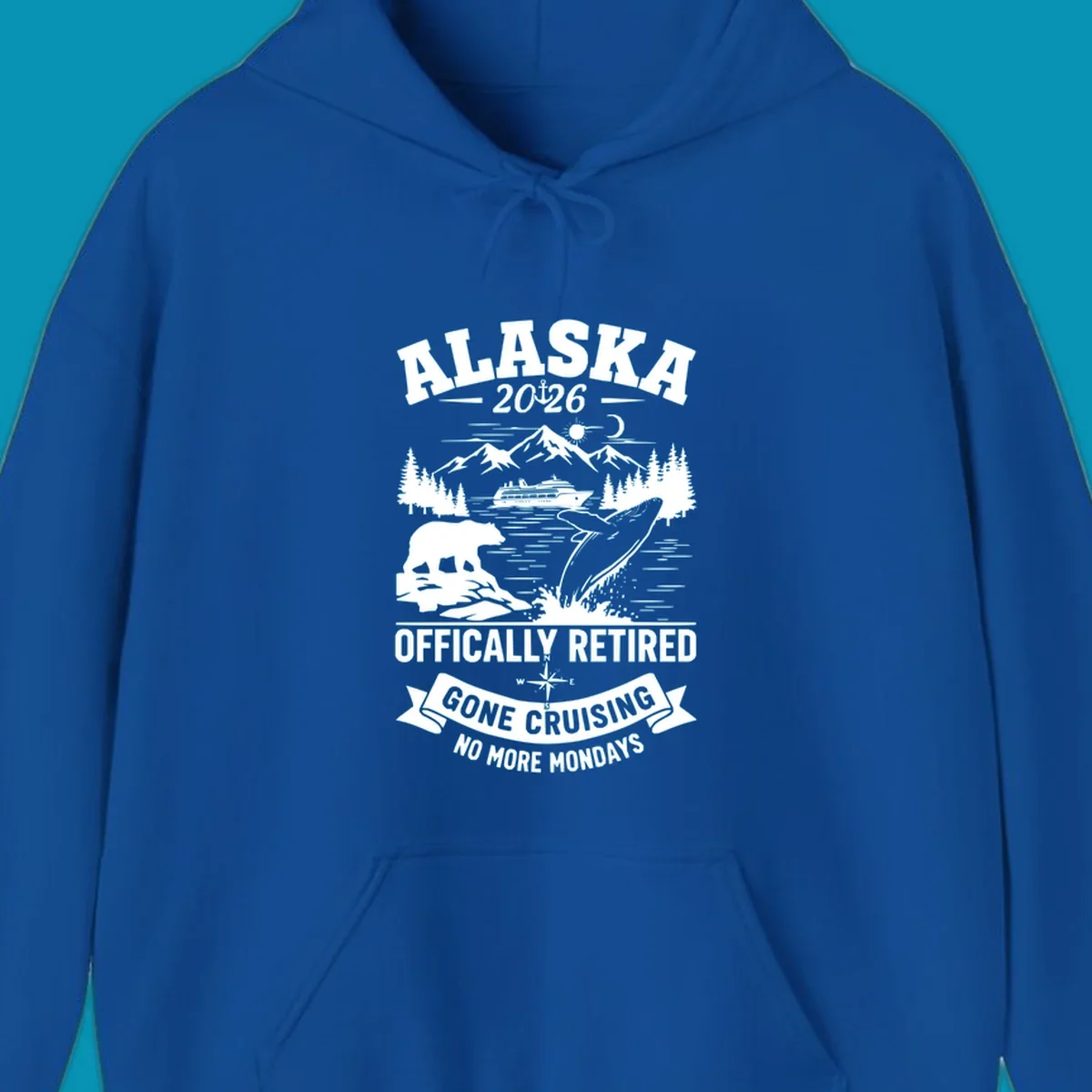 Alaska retirement cruise design with 2026 officially retired text, featuring mountains, whale, bear, cruise ship, and gone cruising banner