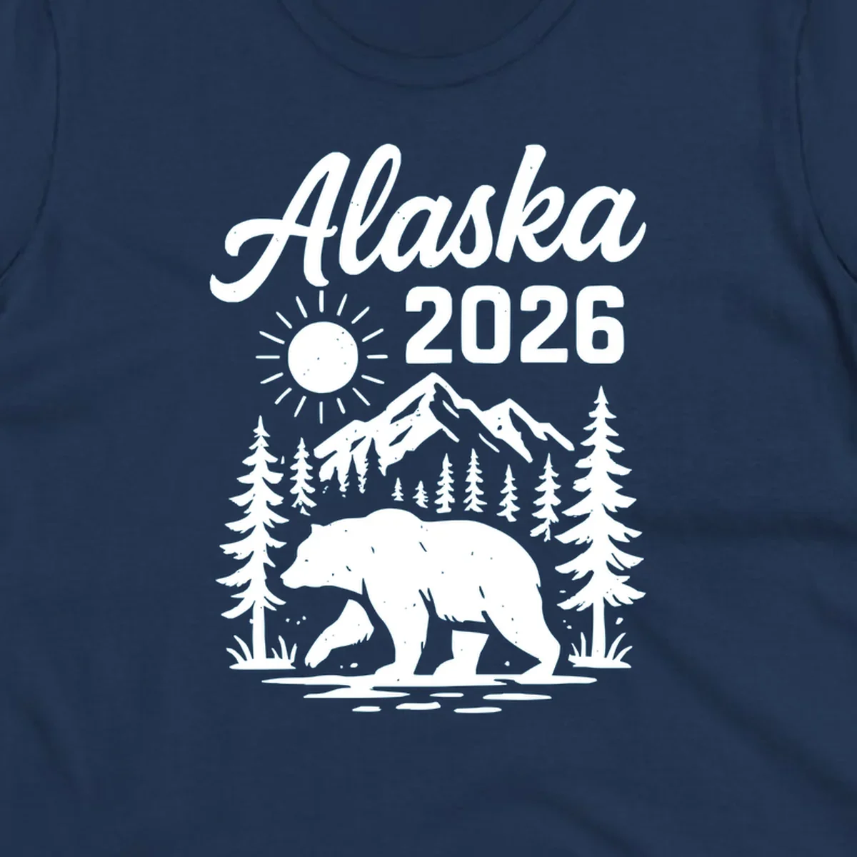 Alaska 2026 design featuring a polar bear walking through snowy mountains surrounded by evergreen trees and bright sun