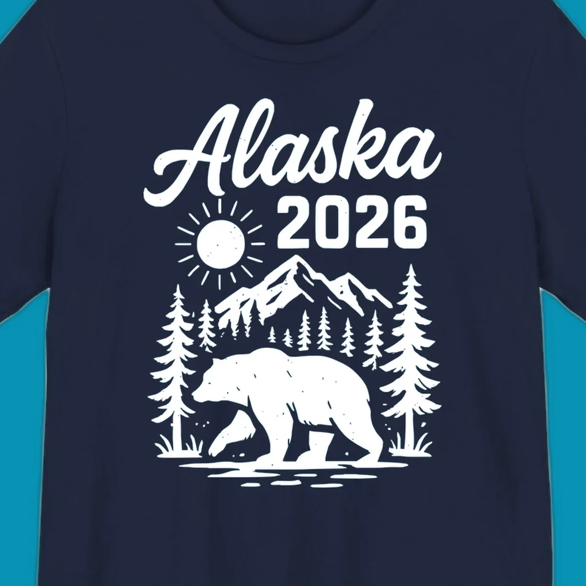 Alaska 2026 design featuring a polar bear walking through snowy mountains surrounded by evergreen trees and bright sun