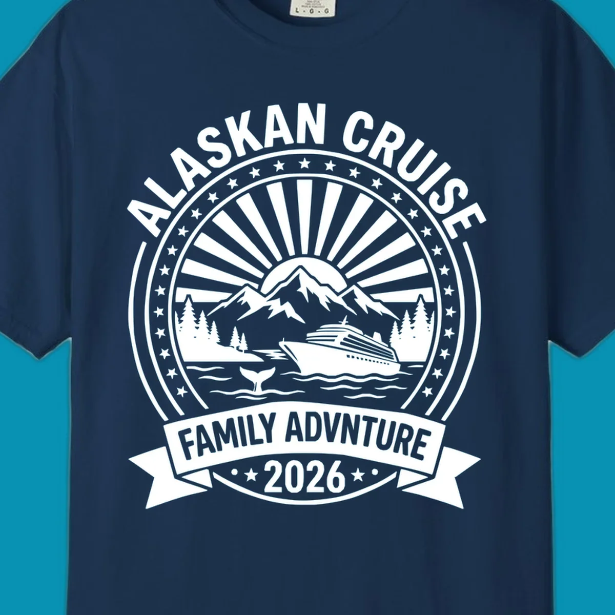 Vintage circular badge with Alaska cruise family adventure theme, featuring snow mountains, cruise ship, whale tail, and radiating sunburst design.