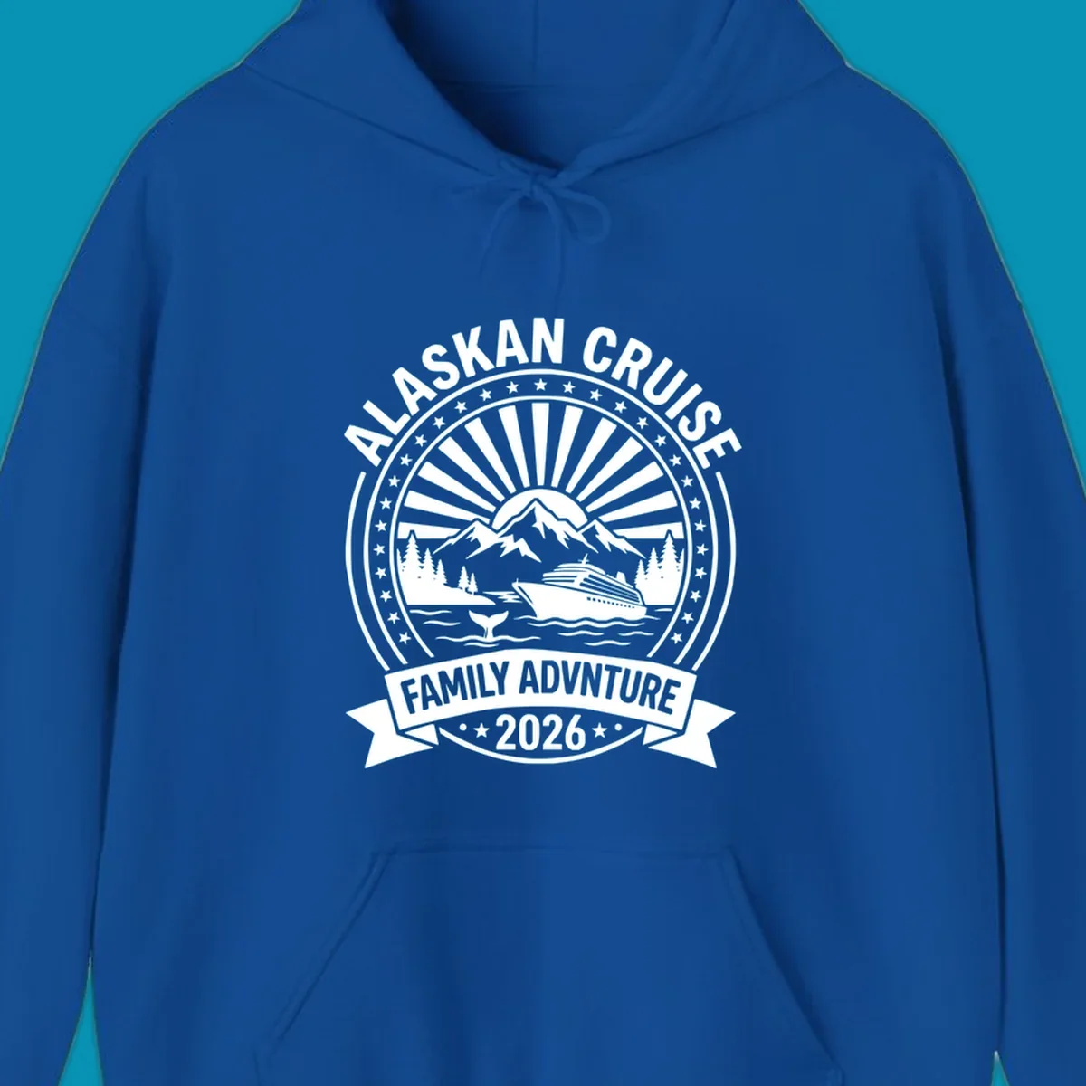 Vintage circular badge with Alaska cruise family adventure theme, featuring snow mountains, cruise ship, whale tail, and radiating sunburst design.