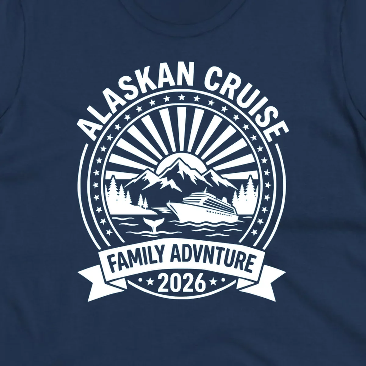 Vintage circular badge with Alaska cruise family adventure theme, featuring snow mountains, cruise ship, whale tail, and radiating sunburst design.