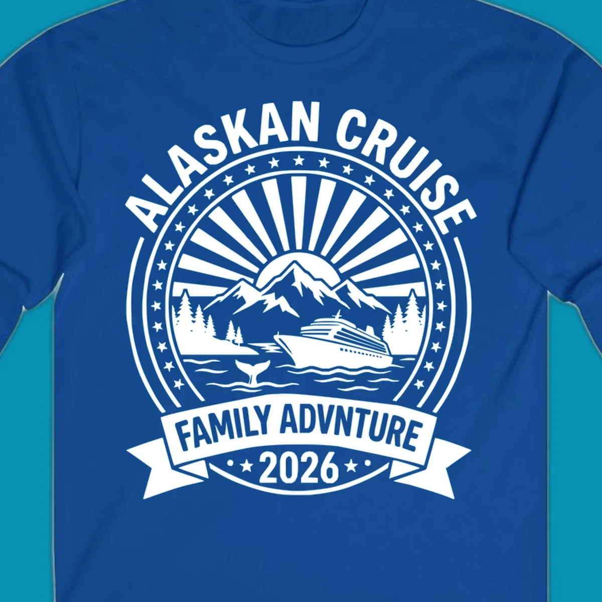 Vintage circular badge with Alaska cruise family adventure theme, featuring snow mountains, cruise ship, whale tail, and radiating sunburst design.