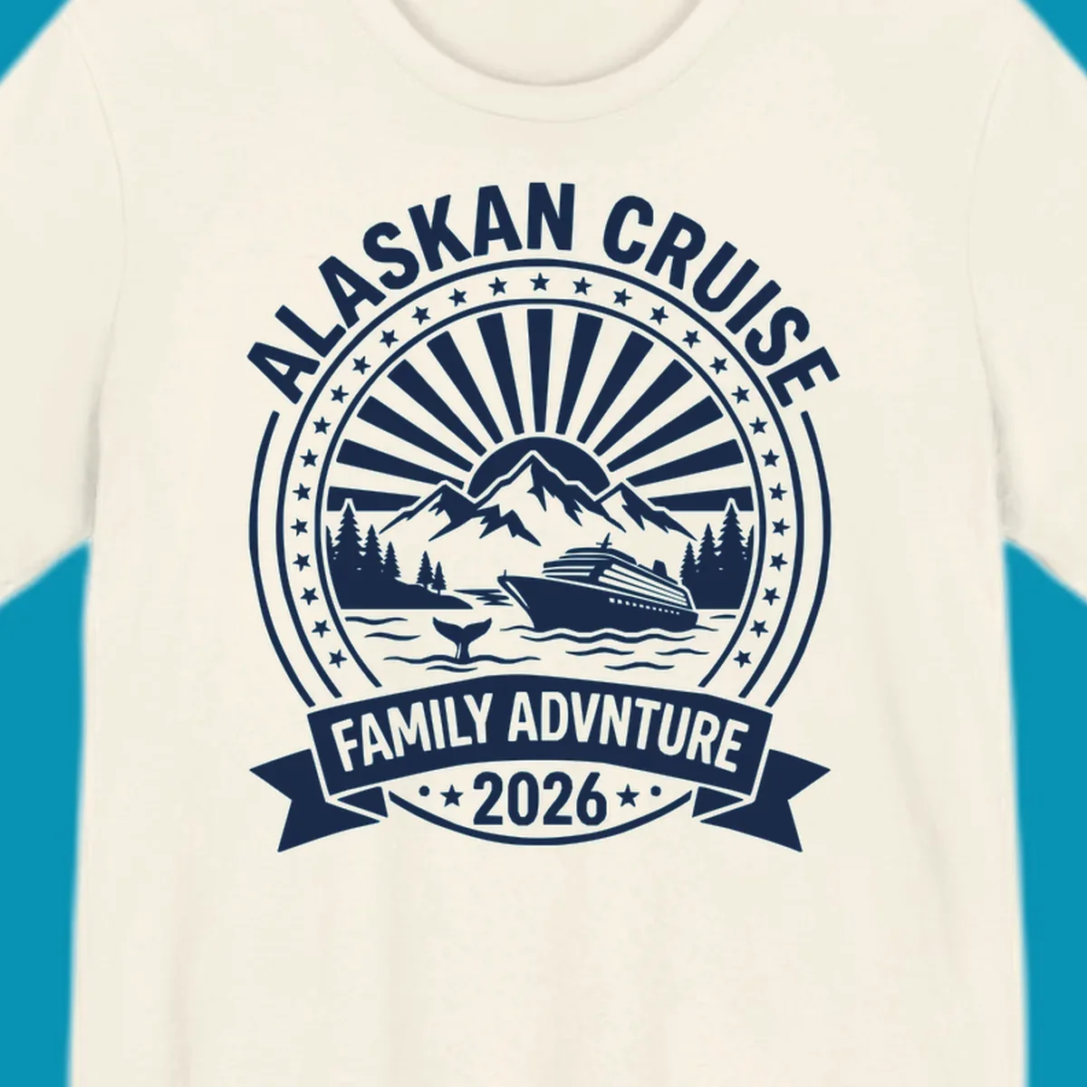 Vintage circular badge with Alaska cruise family adventure theme, featuring snow mountains, cruise ship, whale tail, and radiating sunburst design.