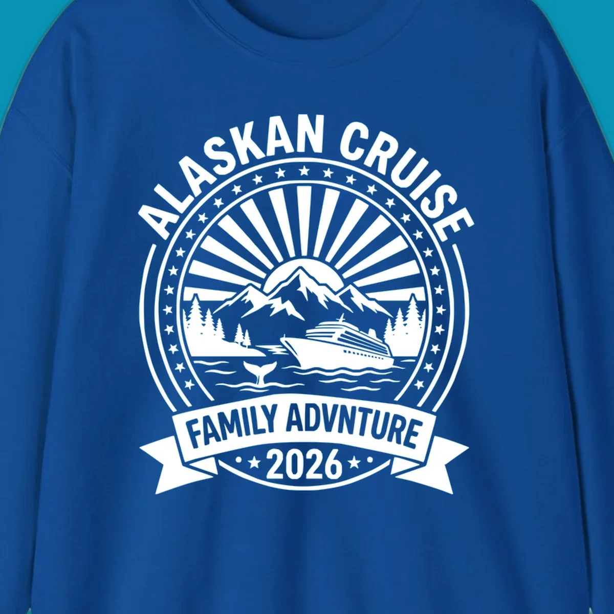 Vintage circular badge with Alaska cruise family adventure theme, featuring snow mountains, cruise ship, whale tail, and radiating sunburst design.