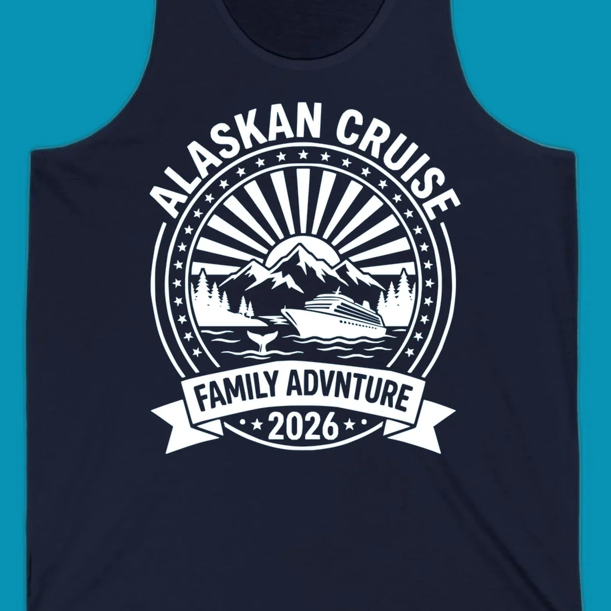 Vintage circular badge with Alaska cruise family adventure theme, featuring snow mountains, cruise ship, whale tail, and radiating sunburst design.