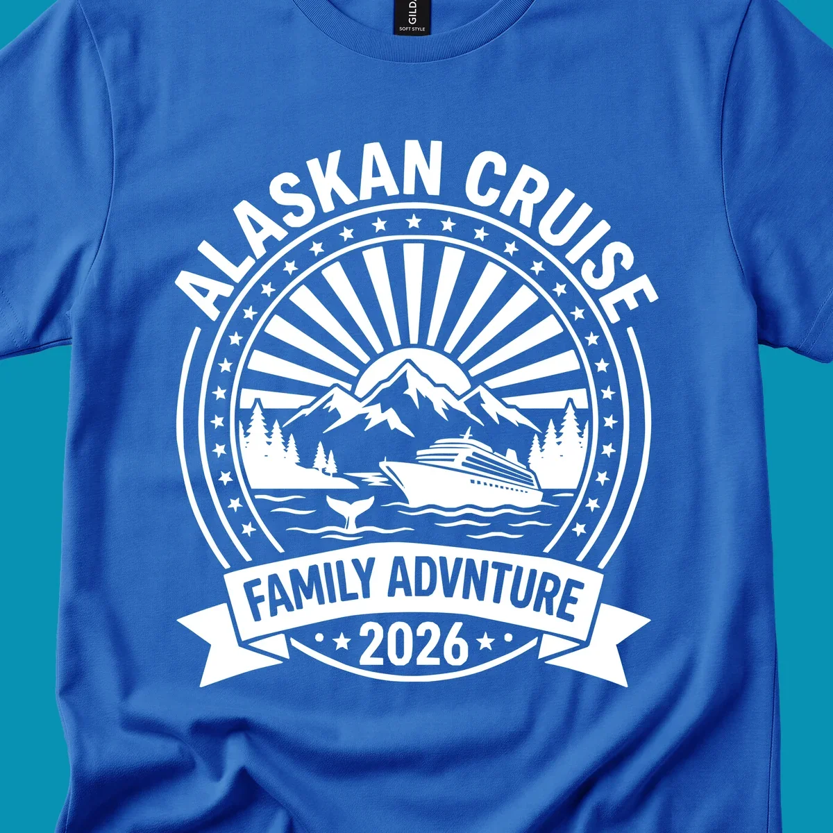 Vintage circular badge with Alaska cruise family adventure theme, featuring snow mountains, cruise ship, whale tail, and radiating sunburst design.