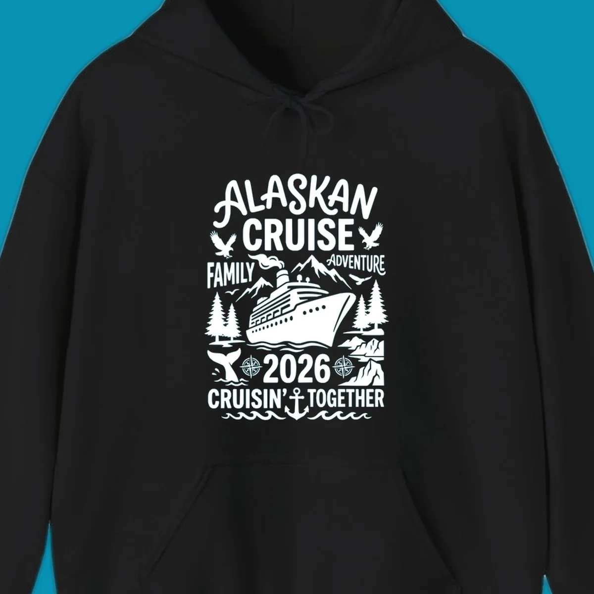 Alaskan cruise family 2026 design with cruise ship, bald eagles, mountains, whales, and nautical elements on gray background