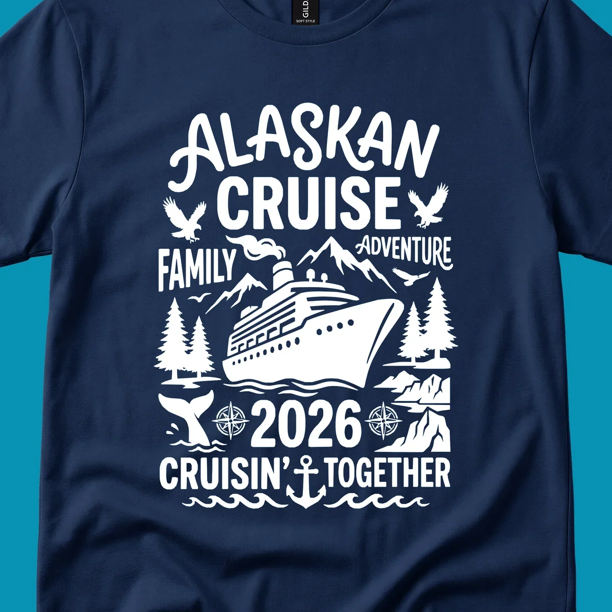 Alaskan cruise family 2026 design with cruise ship, bald eagles, mountains, whales, and nautical elements on gray background