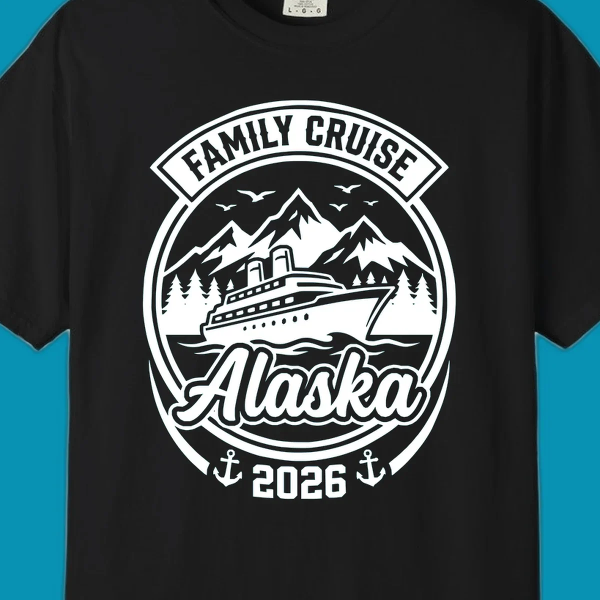 Vintage circular badge design featuring cruise ship, snow mountains, forests, and ocean waves with 'Family Cruise Alaska 2026' text and anchors