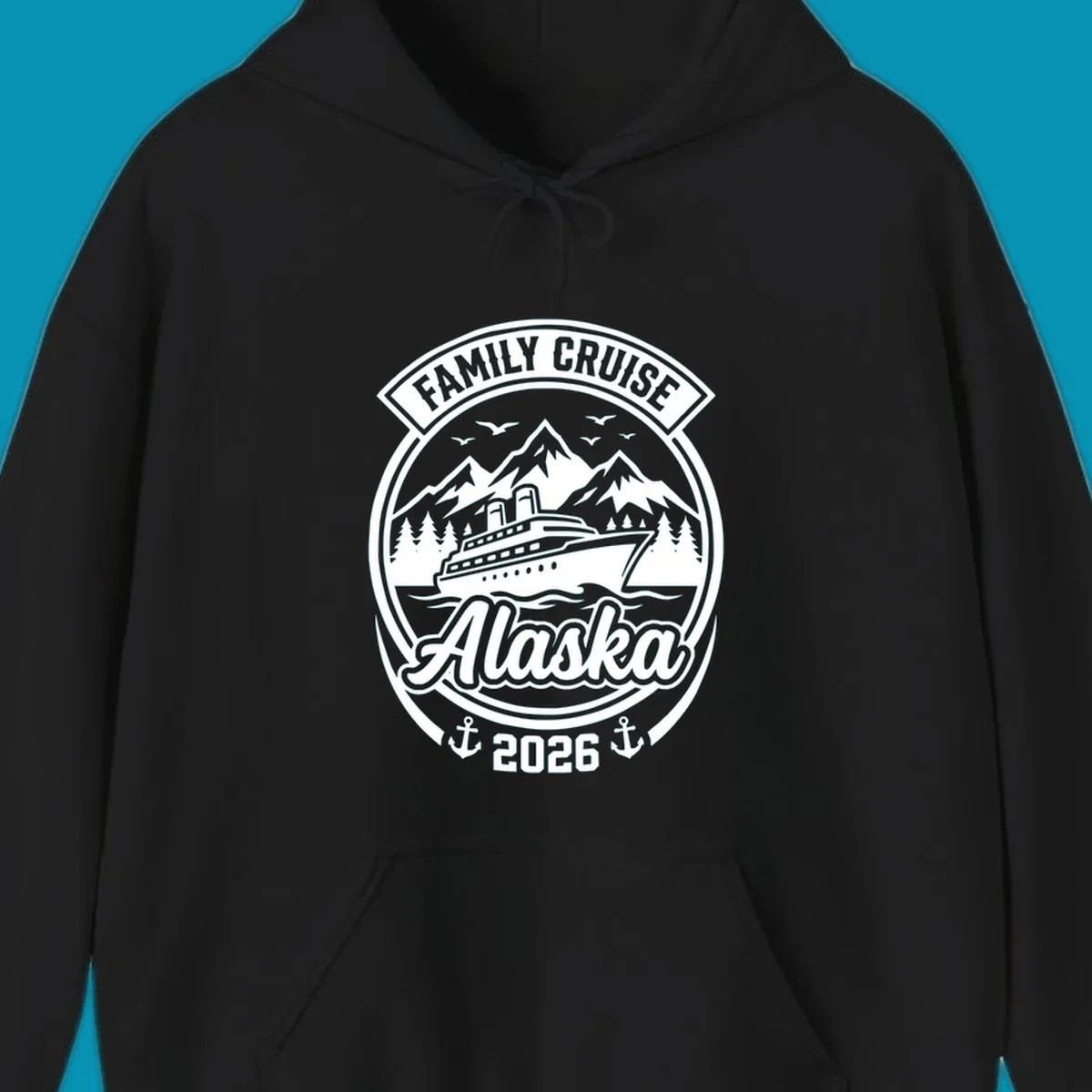 Vintage circular badge design featuring cruise ship, snow mountains, forests, and ocean waves with 'Family Cruise Alaska 2026' text and anchors