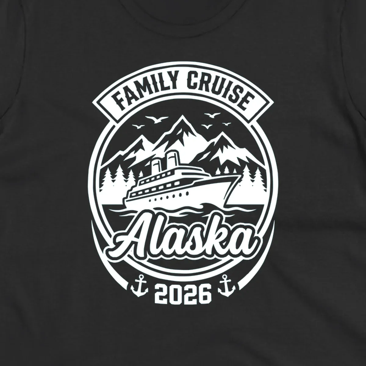Vintage circular badge design featuring cruise ship, snow mountains, forests, and ocean waves with 'Family Cruise Alaska 2026' text and anchors