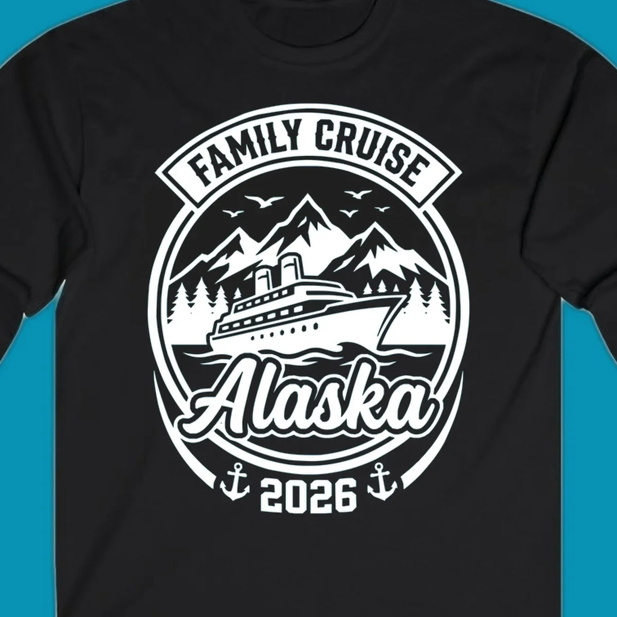 Vintage circular badge design featuring cruise ship, snow mountains, forests, and ocean waves with 'Family Cruise Alaska 2026' text and anchors