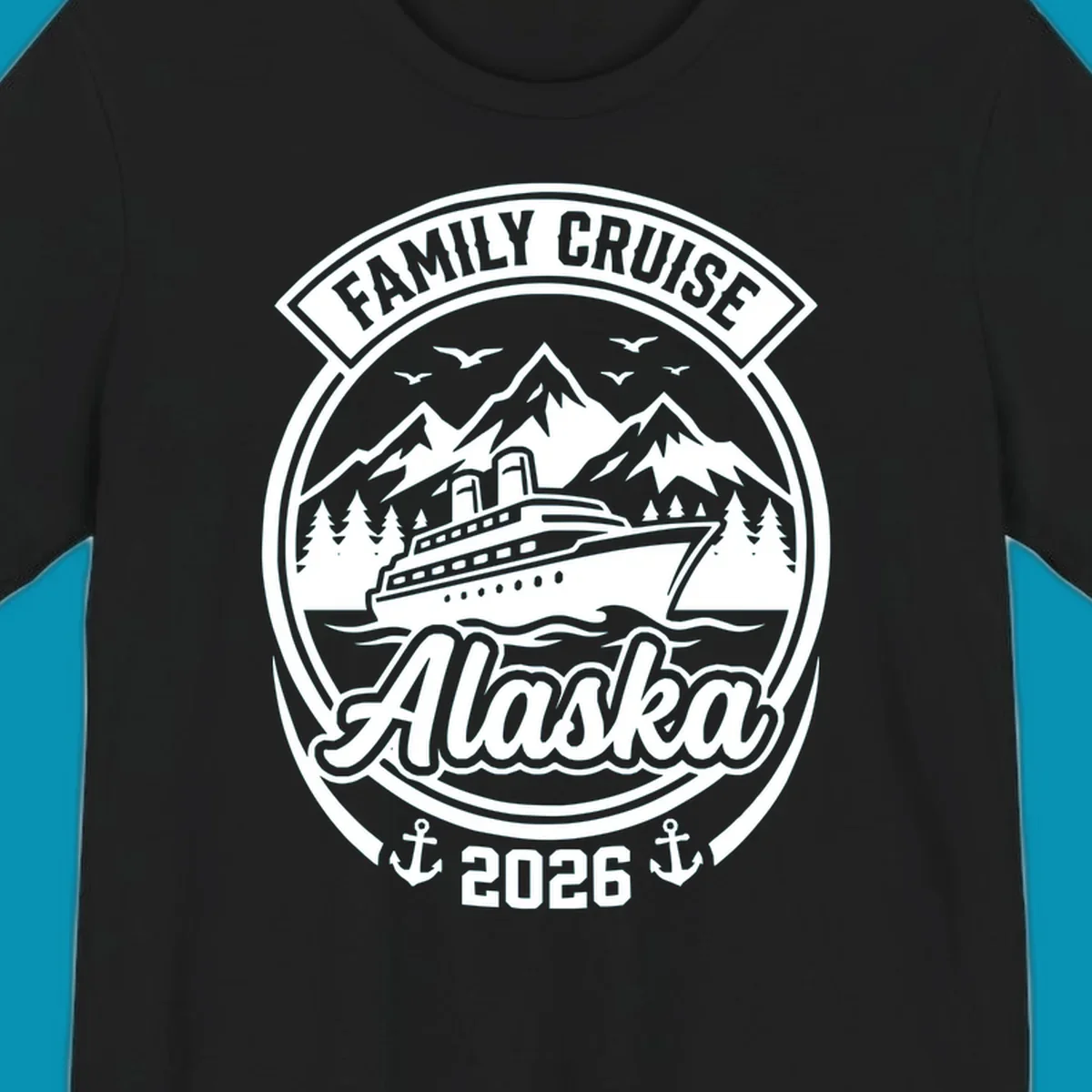 Vintage circular badge design featuring cruise ship, snow mountains, forests, and ocean waves with 'Family Cruise Alaska 2026' text and anchors