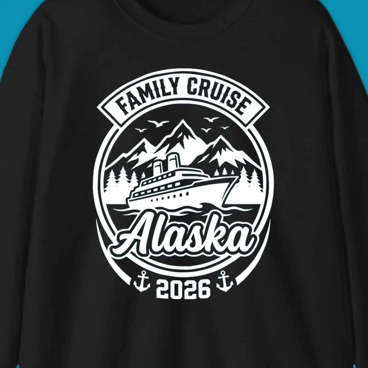 Vintage circular badge design featuring cruise ship, snow mountains, forests, and ocean waves with 'Family Cruise Alaska 2026' text and anchors