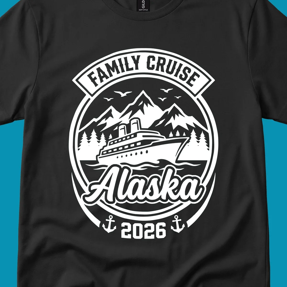 Vintage circular badge design featuring cruise ship, snow mountains, forests, and ocean waves with 'Family Cruise Alaska 2026' text and anchors