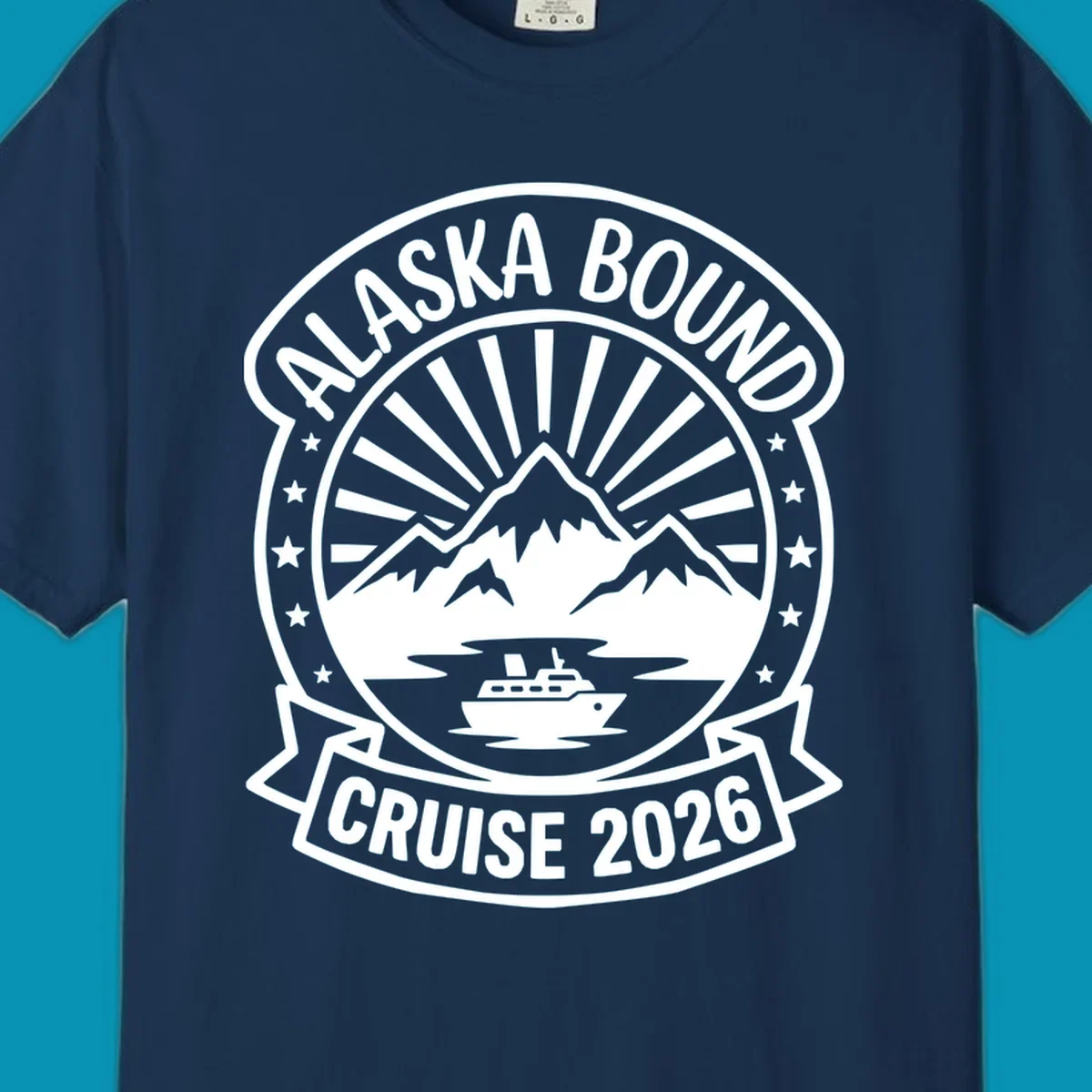 Vintage circular badge with 'Alaska Bound Cruise 2026' text, featuring snow-capped mountains, cruise ship, and radiating sun rays