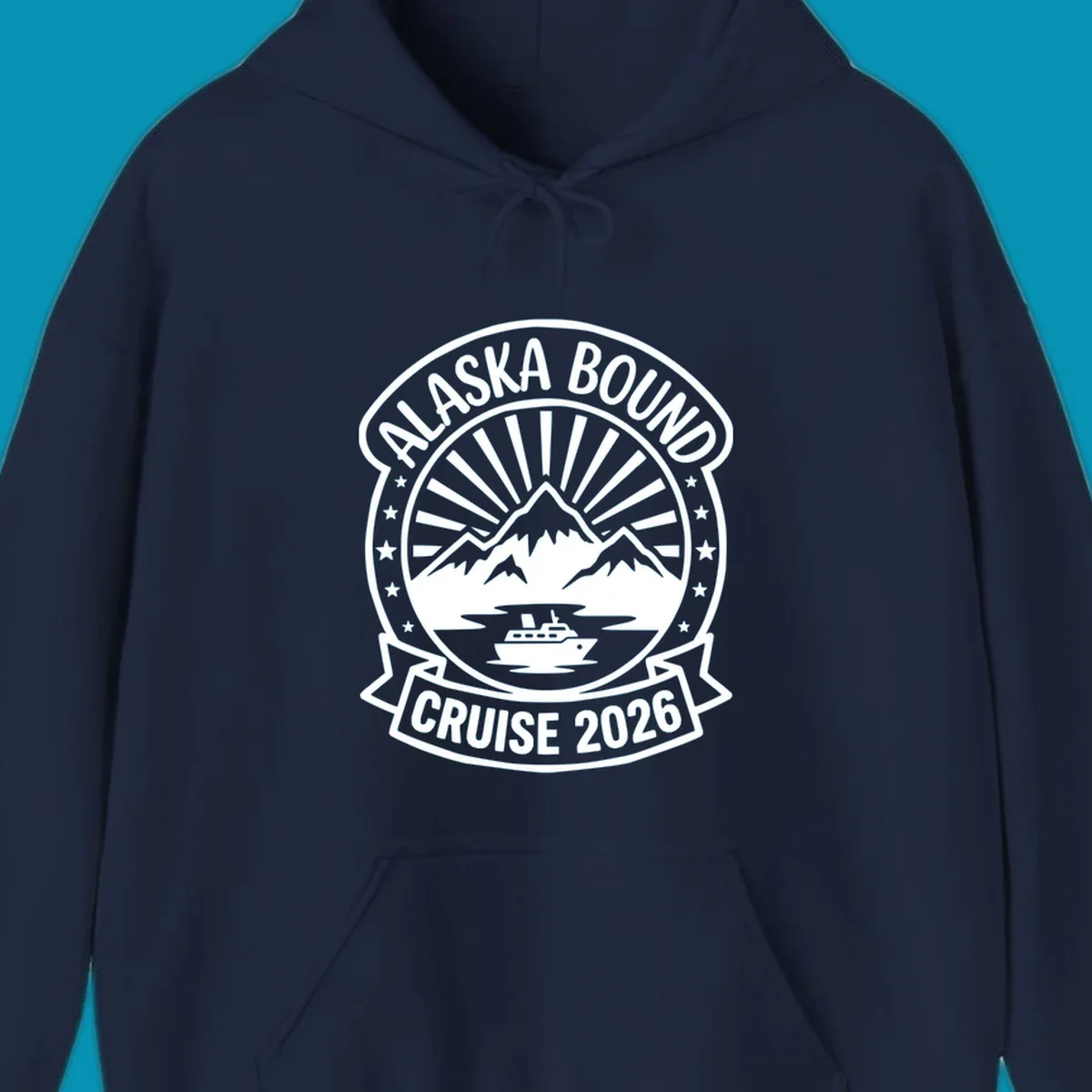 Vintage circular badge with 'Alaska Bound Cruise 2026' text, featuring snow-capped mountains, cruise ship, and radiating sun rays