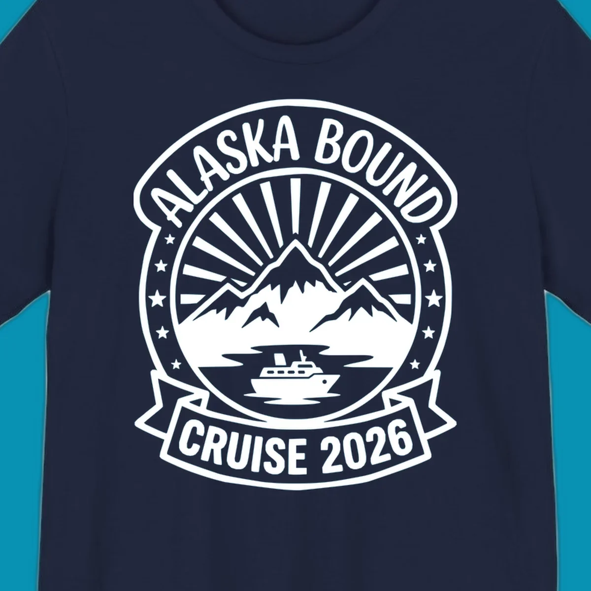 Vintage circular badge with 'Alaska Bound Cruise 2026' text, featuring snow-capped mountains, cruise ship, and radiating sun rays