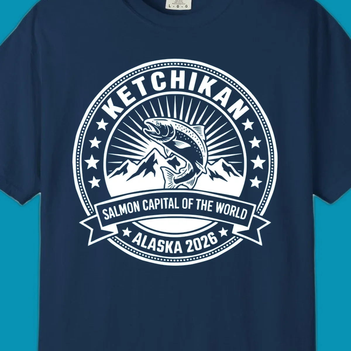 Ketchikan salmon capital badge with leaping salmon, mountain peaks, stars, and circular frame design