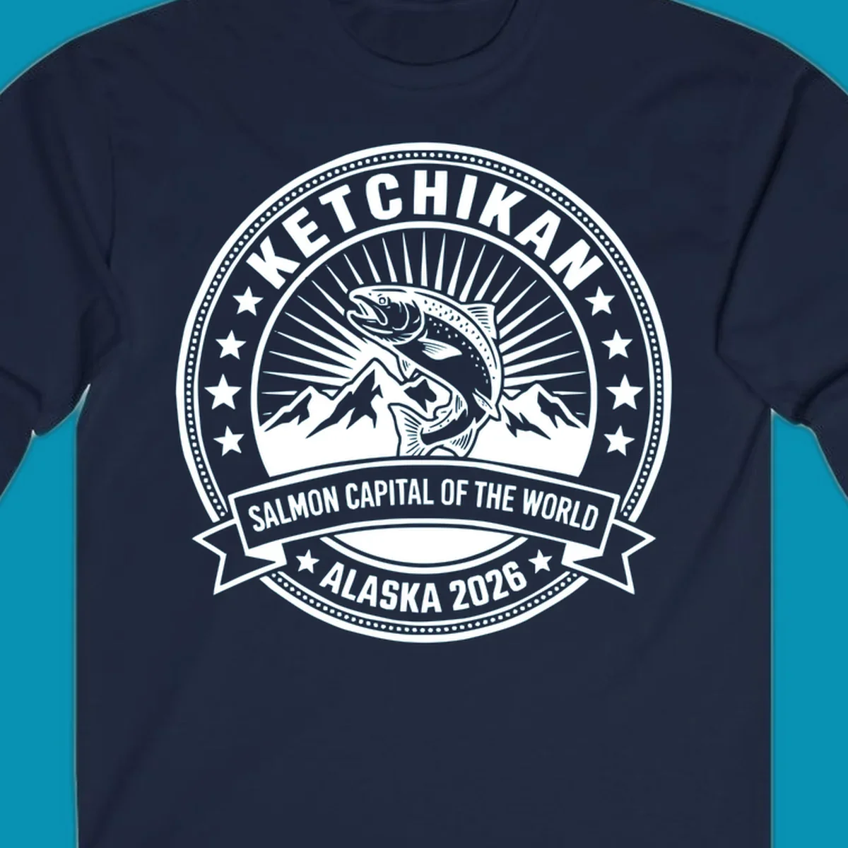 Ketchikan salmon capital badge with leaping salmon, mountain peaks, stars, and circular frame design