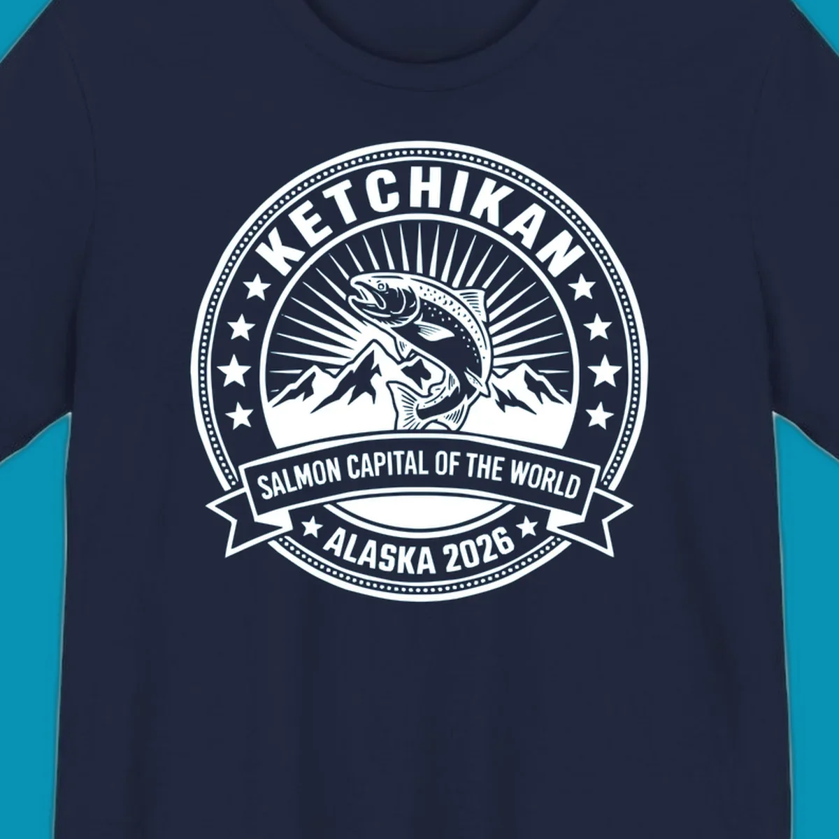 Ketchikan salmon capital badge with leaping salmon, mountain peaks, stars, and circular frame design