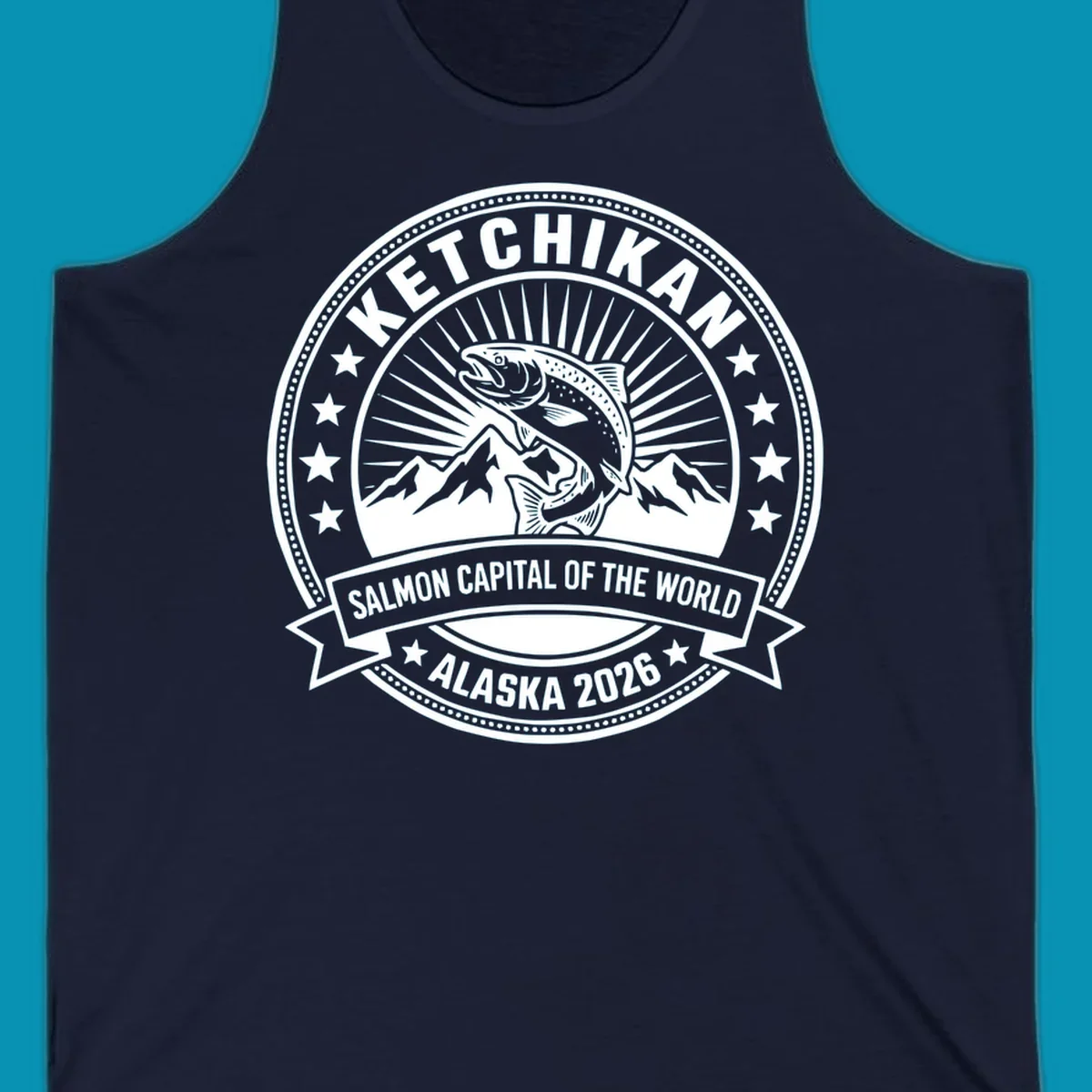 Ketchikan salmon capital badge with leaping salmon, mountain peaks, stars, and circular frame design