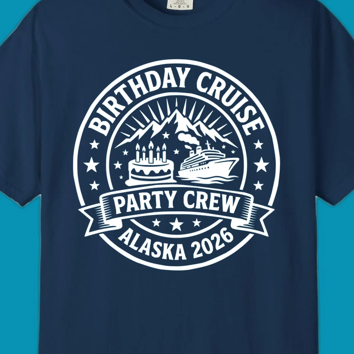 Birthday Cruise Party Crew badge design featuring birthday cake, cruise ship, and Alaska mountains with stars and radiating sun rays