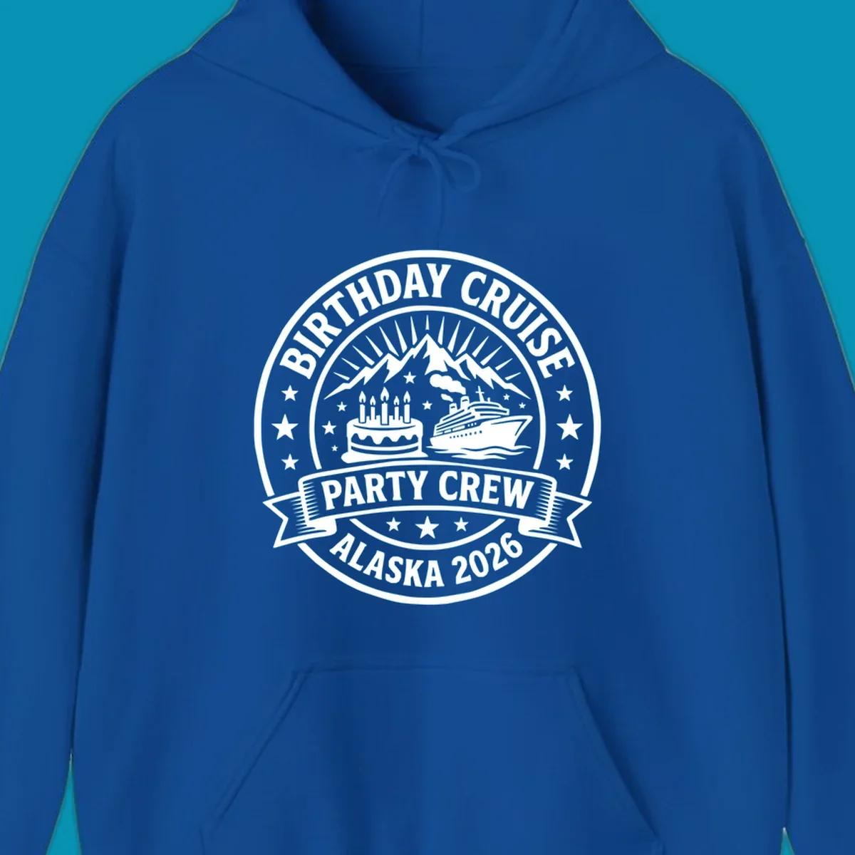 Birthday Cruise Party Crew badge design featuring birthday cake, cruise ship, and Alaska mountains with stars and radiating sun rays