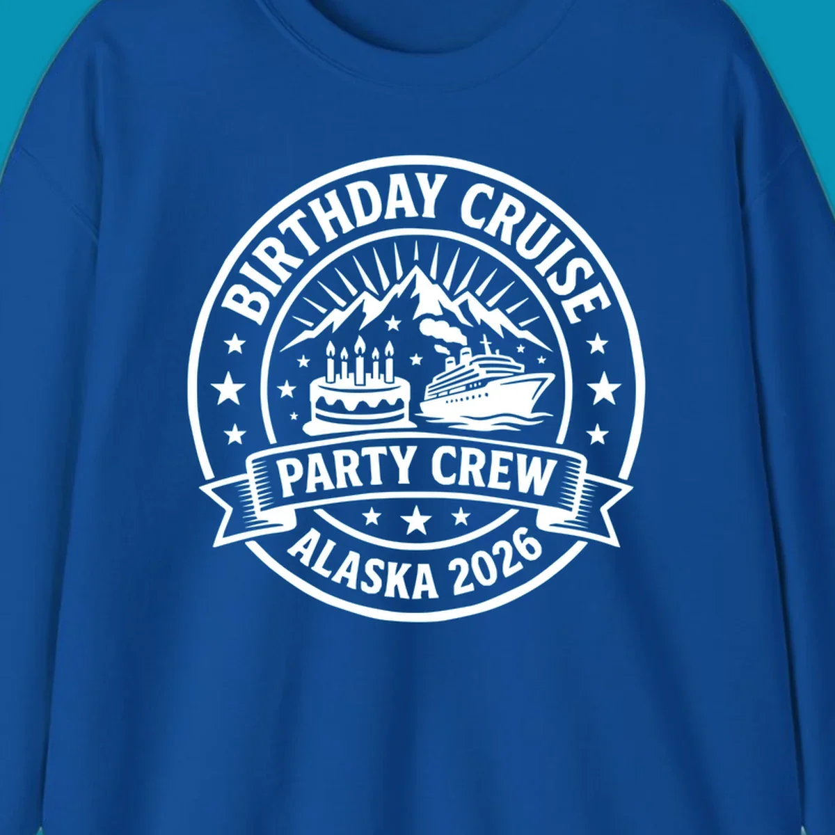 Birthday Cruise Party Crew badge design featuring birthday cake, cruise ship, and Alaska mountains with stars and radiating sun rays