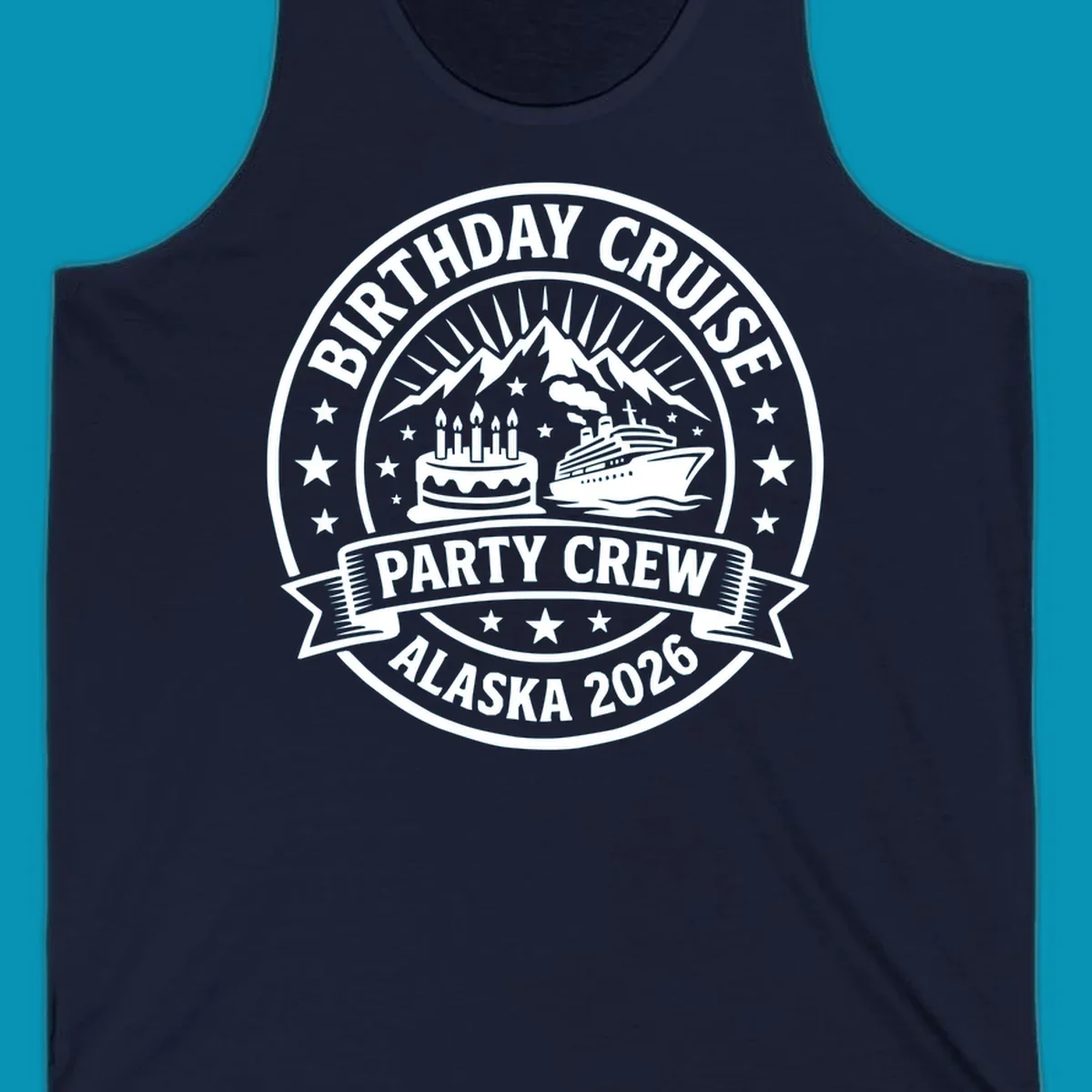 Birthday Cruise Party Crew badge design featuring birthday cake, cruise ship, and Alaska mountains with stars and radiating sun rays