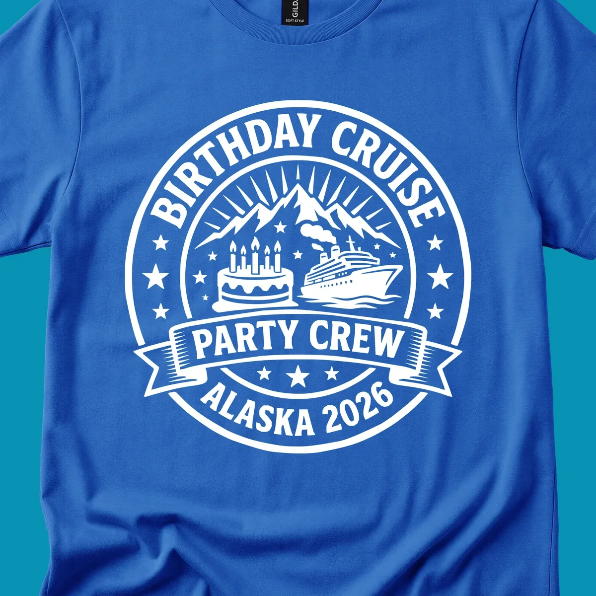 Birthday Cruise Party Crew badge design featuring birthday cake, cruise ship, and Alaska mountains with stars and radiating sun rays
